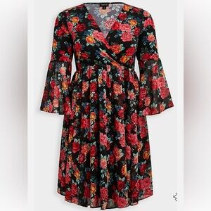 Torrid Red and Black Wrap Sundress with Bell Sleeves